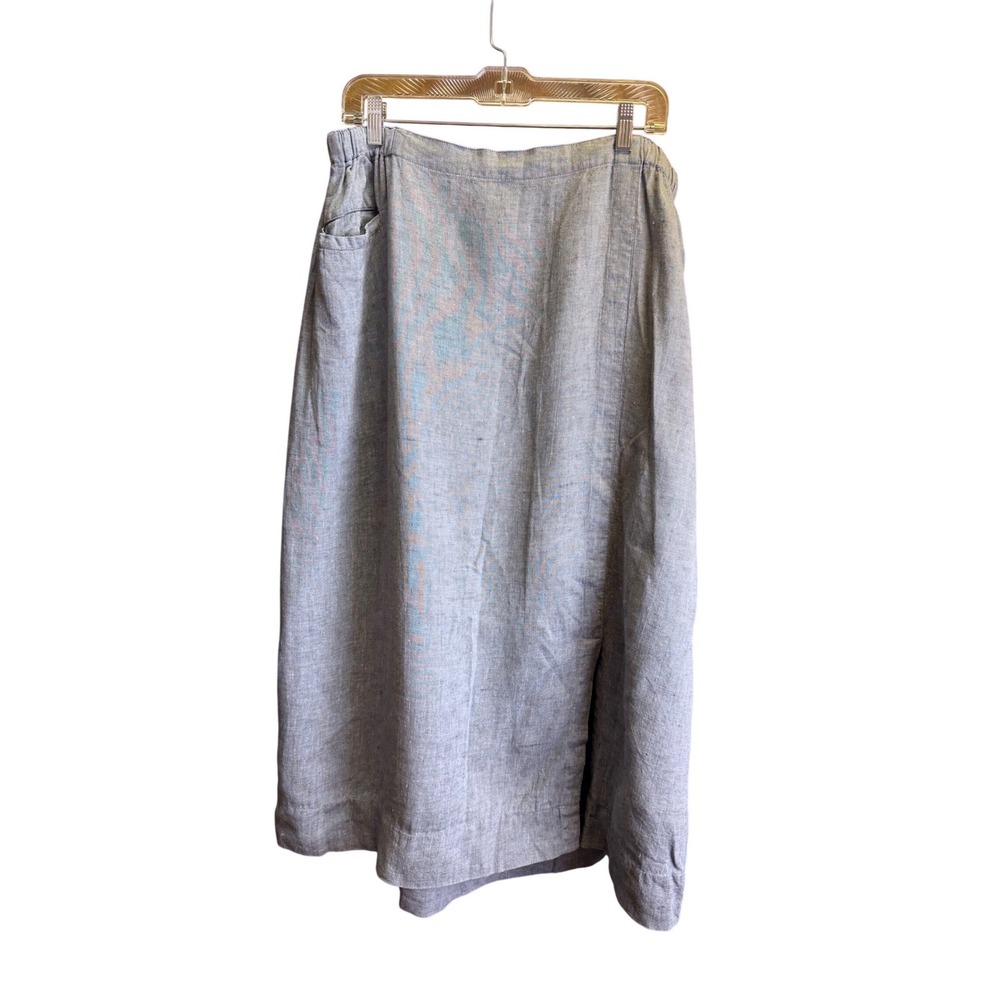 FLAX Generous 1G Blue Linen Maxi Skirt Elastic Waist Pockets 100% Linen